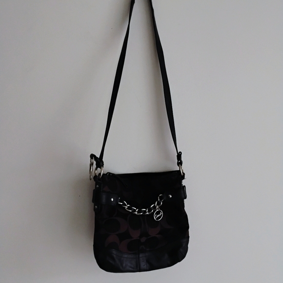 Coach Black Leather Dark Brown Canvas Signature Crossbody Bag Purse - Picture 14 of 15